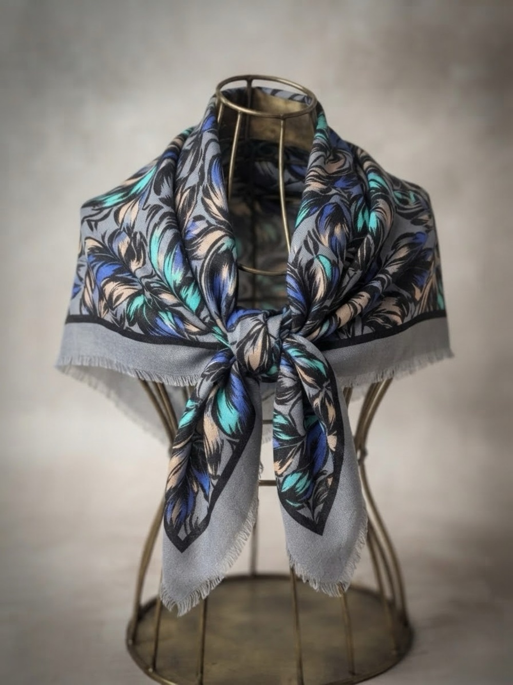Creations Monique Martin Italian Wool Leaf Scarf Grey Teal Blue Square